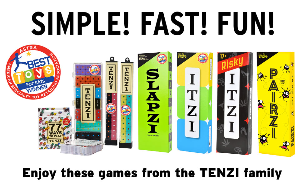 77 ways to play tenzi dice party game, slapzi party card game, pairzi party card game