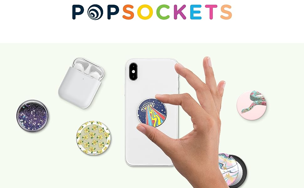 PopSockets Logo showing swappable phone grip tops including a wireless headphone holder.